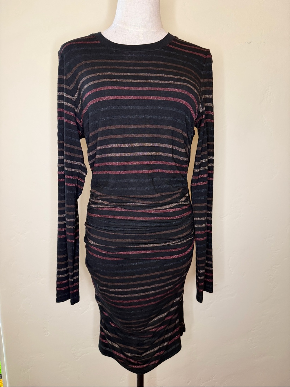 Veronica Beard Jeans Striped Long-Sleeve Black & Metallic Ruched Dress Size M